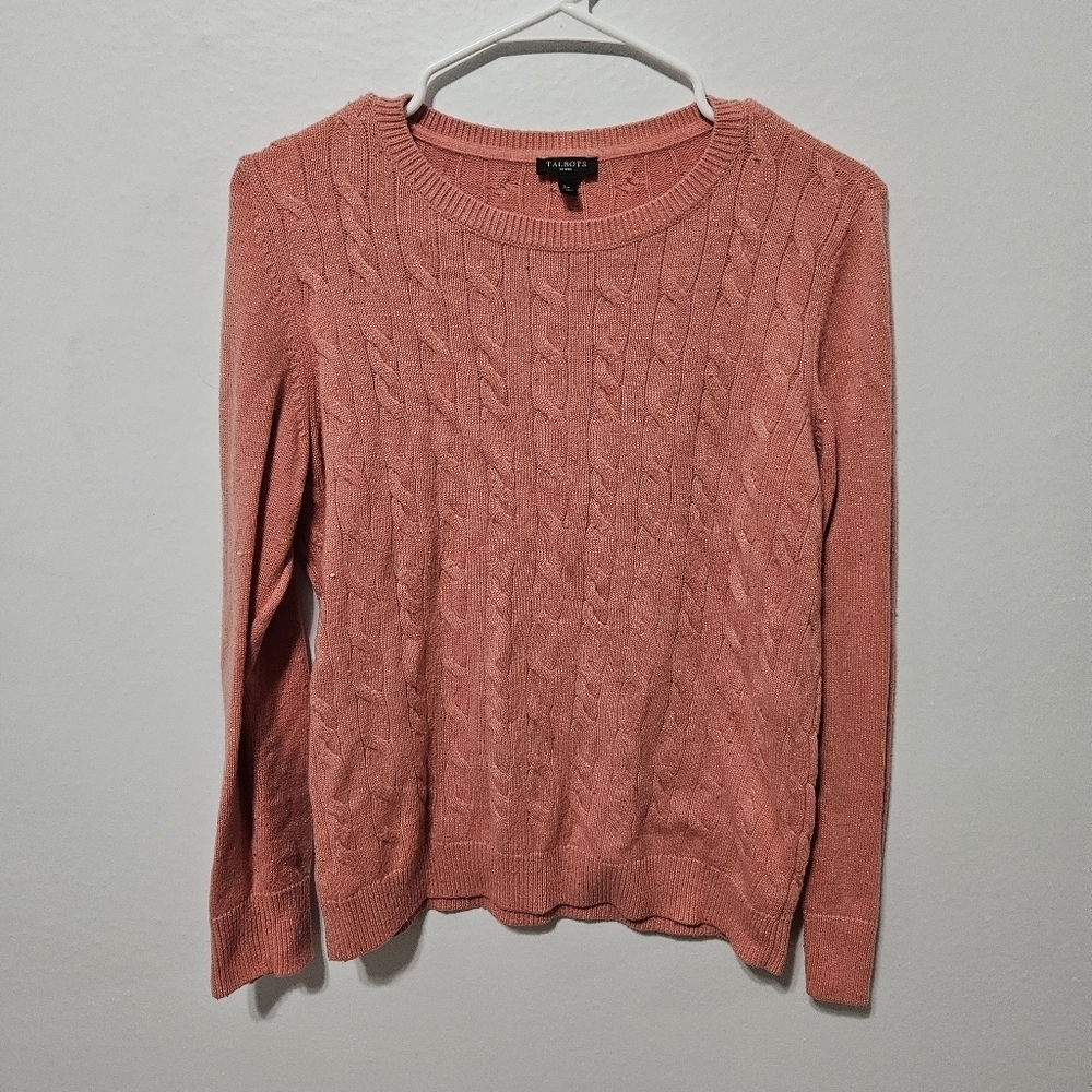 Talbots Sweater Womens Large Petite Knitted Pink Fisherman Lambs Wool Blend